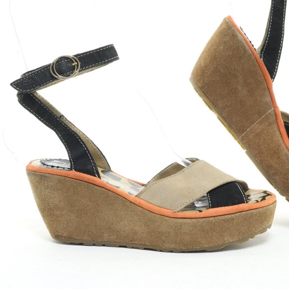 Fly London Pati Ankle Strap Wedge Sandals EU38 US7.5-8 • Black/Tan - Picture 1 of 15